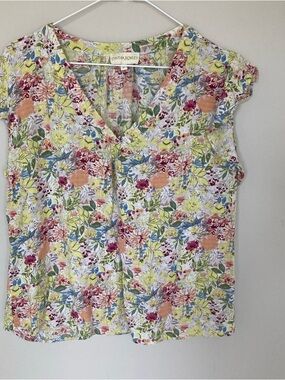 Cynthia Rowley Womens Blouse XL Multicolor Floral Lightweight Flutter Sleeve